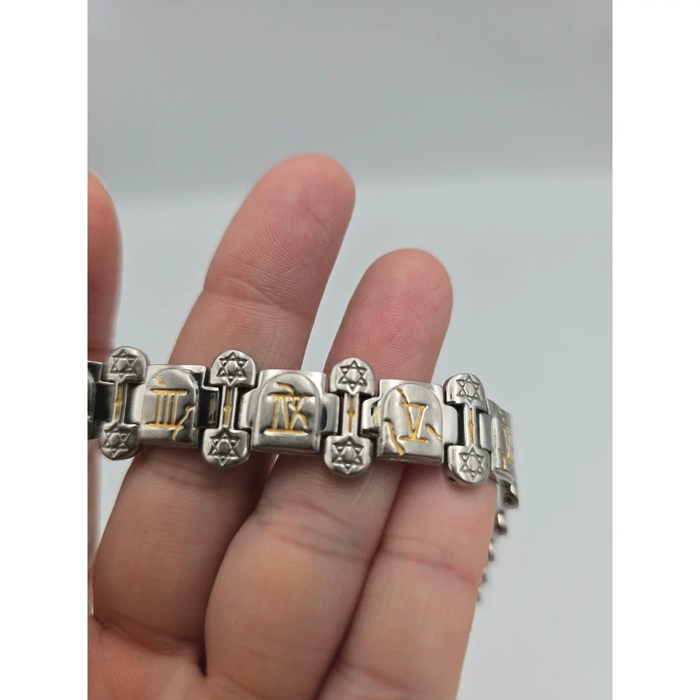 ABCD Ten Commandments Bracelet Unisex 8in Silver Gold Tone Religious Link Clasp‎